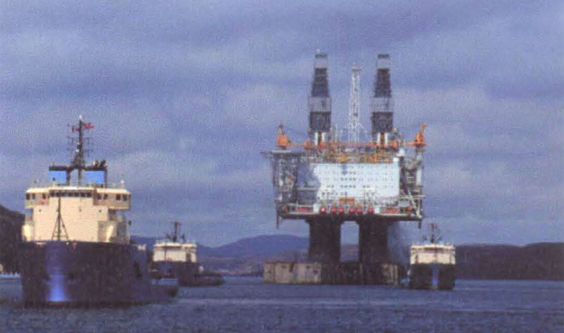 Hibernia Platform Being Towed Out To Sea. Hibernia Platform